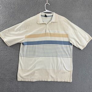 Sean‎ John Polo Men 2XL Cream Blue Striped Casual Y2K Short Sleeve Shirt